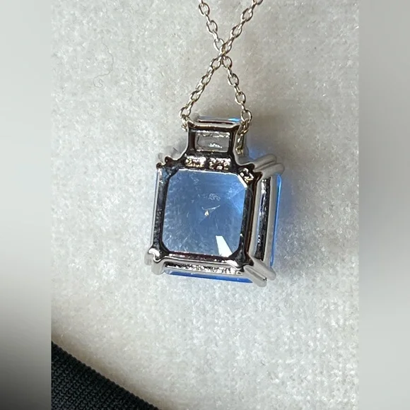 Vintage Sterling Silver Blue Topaz Emerald Cut Glass Pendant On Chain Necklace - Picture 5 of 8